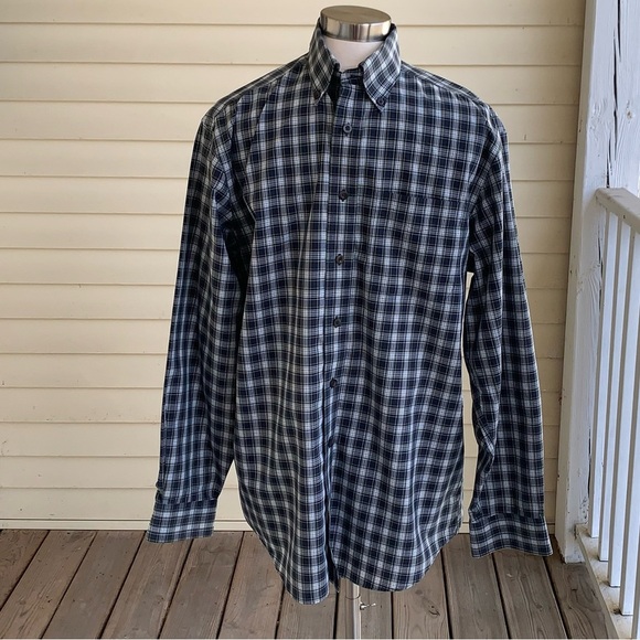 LL Bean Mens Button Down Shirt Medium Reg Blue Green Plaid Wrinkle Resistant - Picture 1 of 7